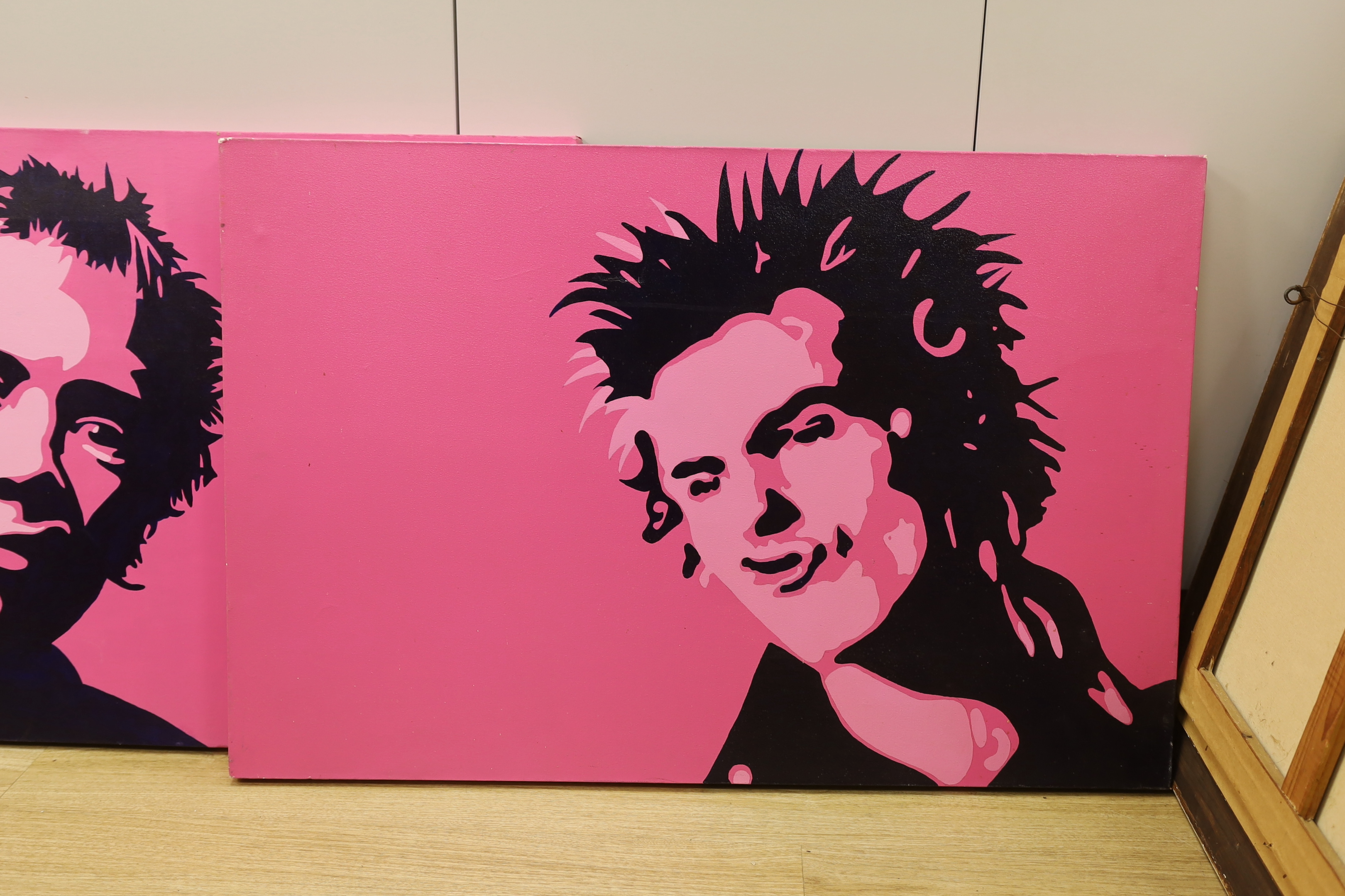 Nancy Vicious (nee Spungen, Sid Vicious's wife), two unframed oils on canvas of Sid Vicious and Johnny Rotten (one painting a.f.) and two singles